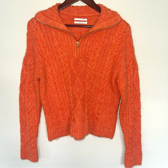 Anthropologie Orange Cable Knit Mock Neck Sweater S 1/4 Zip Pullover Very Soft - Picture 2 of 6